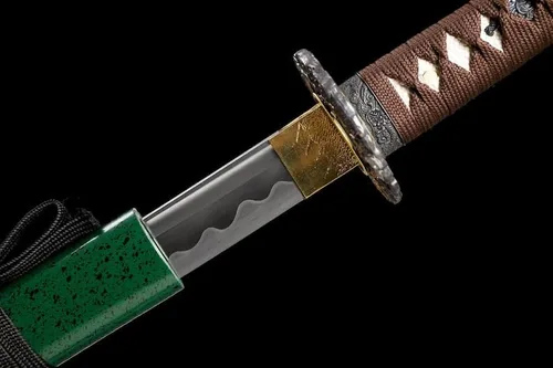 Vista 7 de Katana verde hecha a mano, espada samurái japonesa 1095 de arcilla de acero templada, hoja de afeitar de espiga completa, afilada, regalos para él