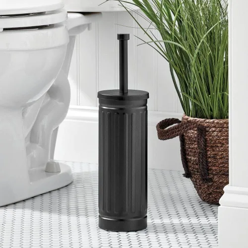 Vista 4 de mDesign Cepillo de inodoro compacto de metal, cubo de basura rectangular, cubo de basura/cubo de reciclaje combinado para limpieza y almacenamiento