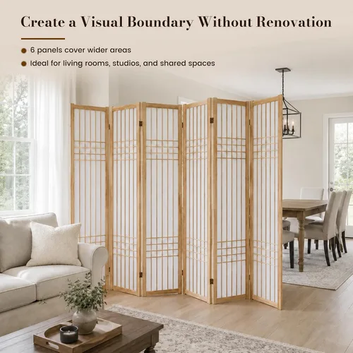 Vista 3 de 6 Panel Room Divider, 66.9" Tall Folding Privacy Screen, Natural 6 Panel Natural