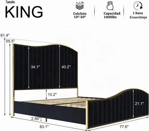 Vista 2 de HOWE Base de cama de arpa tamaño King con cabecera curvada extra alta de 61.4 pulgadas, plataforma tapizada de terciopelo con estribo acentuado