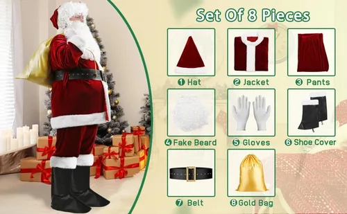 Vista 6 de Disfraz de Papá Noel para hombre, disfraz de Santa Claus de lujo, traje de Papá Noel de terciopelo para adultos y hombres, traje de Santa