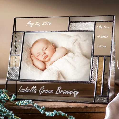 Vista 2 de Marco de fotos personalizado para bebé, vidrio grabado gris y amarillo, 4 x 6 pulgadas, decoración de cuarto de bebé, niña o niño recién nacido J