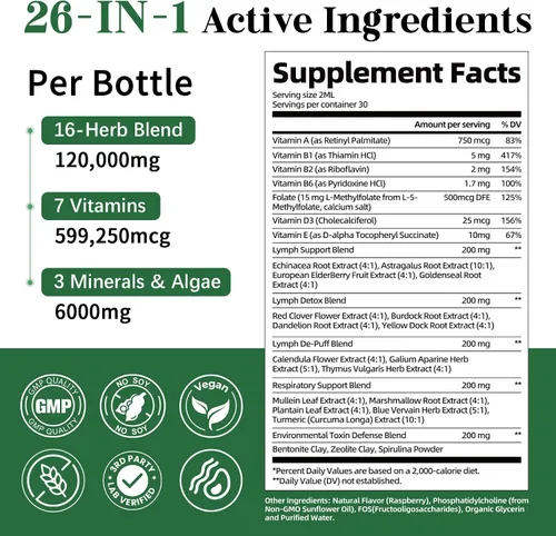 Vista 9 de Migcopat Gotas liposomales de drenaje linfático 26 en 1, con equinácea, cúrcuma, saúco, diente de león, vitaminas y verbascum para pulmones, sistema