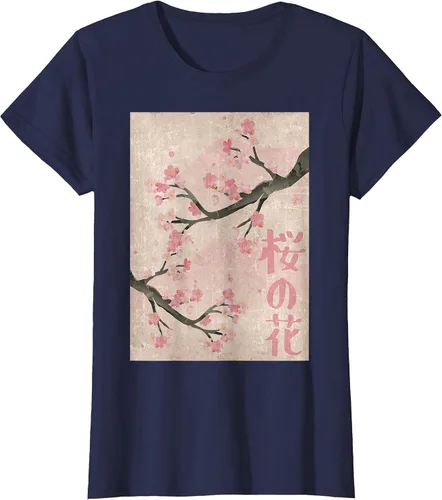 Vista 53 de Cherry Blossom Japanese Vintage Woodblock Japan Pink Sakura T-Shirt Asphalt Grey