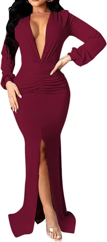 Vista 2 de Vestido largo formal para mujer, sexy, cuello en V profundo, abertura lateral, vestido de cóctel