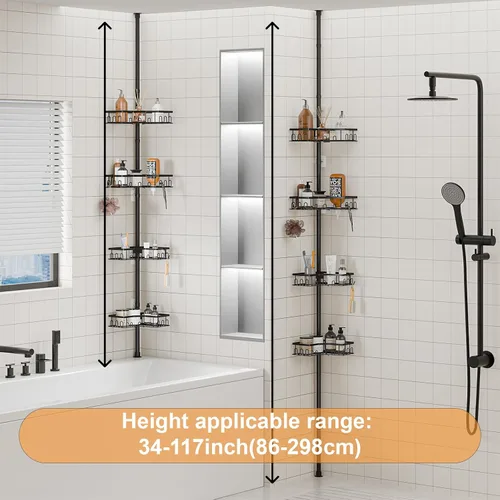 Vista 5 de Estante esquinero de tensión para regadera, estante esquinero de ducha de 4 niveles para bañera y baño, organizador de ducha, ajustable de 34 a 120