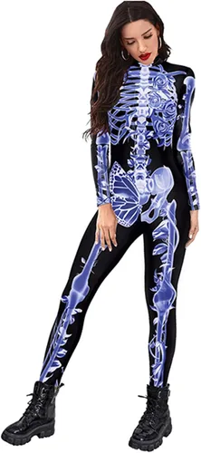 Vista 28 de Sister Amy Disfraz de esqueleto de calavera para mujer de Halloween, traje ajustado de una pieza J-colorido esqueleto