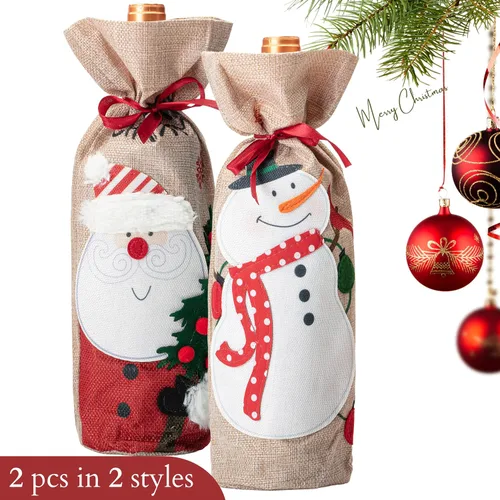 Vista 2 de Mr. Pen Bolsas de vino de Navidad, paquete de 2, fundas de arpillera para botellas de vino con cordón, bolsas de vacaciones