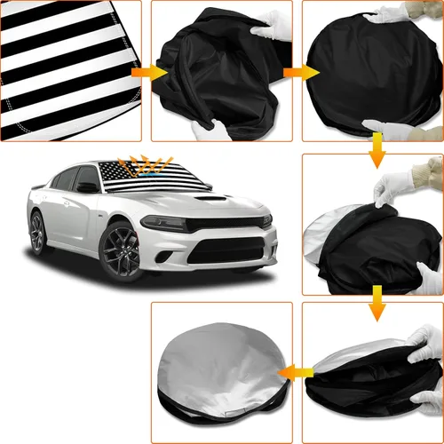 Vista 6 de D-Lumina Winshield - Parasol con bandera de Estados Unidos para Dodge Charger 2011-2023, protector solar frontal plegable bloquea los rayos UV