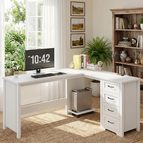 Vista 10 de Vabches Escritorio ejecutivo en forma de L de granja de 61 pulgadas con cajones de archivos, escritorio de esquina para computadora con soporte