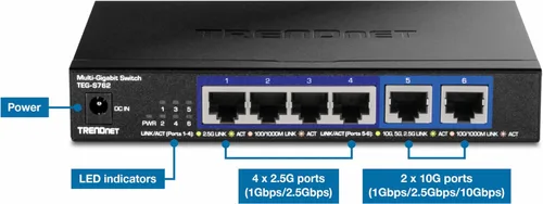 Vista 14 de TRENDnet Switch 10G de 6 puertos, 4 puertos 2.5G RJ-45 Base-T, 2 puertos RJ-45 10G, capacidad de conmutación de 60Gbps, montable en pared