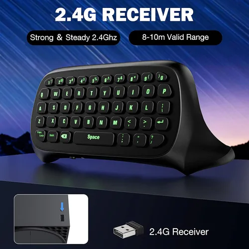Vista 8 de Moko Teclado de chat con retroiluminación verde para control Xbox One Xbox Series XS receptor de 24G teclado inalámbrico con auricularesconector