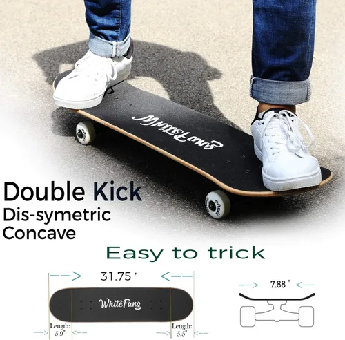 Vista 3 de WhiteFang Patinetas para principiantes, patineta completa de 31 x 7.88 pulgadas, 7 capas de arce canadiense con doble kick cóncavo estándar y Arrow