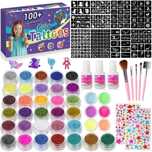 Vista 9 de Kit de tatuajes temporales con purpurina para niños, 36 colores de purpurina, 222 plantillas, 3 pegamento, 5 pinceles, kit de purpurina artística