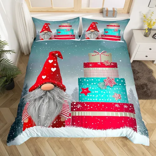 Vista 29 de Erosebridal Juego de ropa de cama de Navidad escandinavos gnomos de Papá Noel, funda de edredón de Papá Noel nevando para niños y niñas, funda