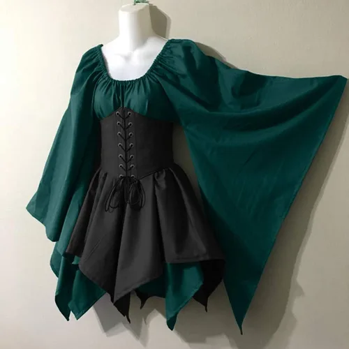 Vista 2 de Vestido irlandés tradicional para mujer, disfraz medieval renacentista, manga acampanada, falda de corsé, vestido gótico victoriano