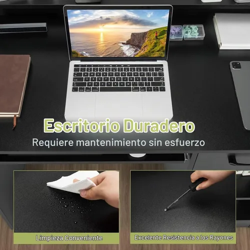 Vista 7 de Tangkula Escritorio para computadora con cajón y bandeja para teclado, escritorio de estudio moderno con gabinete de escritorio y estantes de Negro
