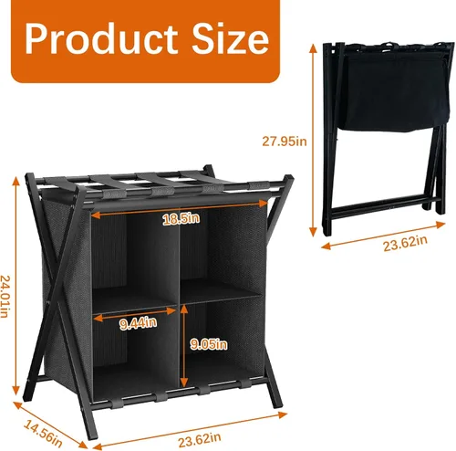 Vista 4 de Huhote Portaequipajes para habitación de invitados, soporte plegable para maleta con estante de almacenamiento de tela, soporte para equipaje