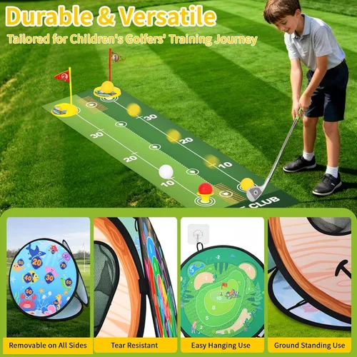 Vista 7 de AOSITE Juego de golf para niños pequeños, juego de golf 5 en 1 para niños con 3 palos de golf, tapete de puting, red de astillado de 4 lados