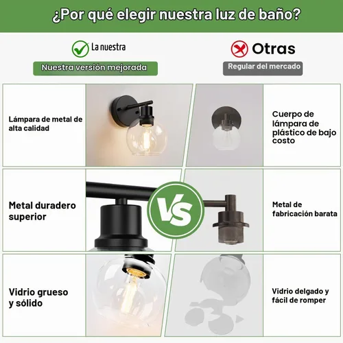 Vista 2 de Indoi Juego de 2 apliques de pared negros mate, lámparas de tocador de vidrio transparente con base E26, luces de pared reversibles arriba o abajo