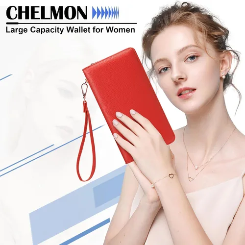Vista 43 de Chelmon - Monedero para mujer de cuero genuino con bloqueo de señal RFID, para tarjetas de crédito