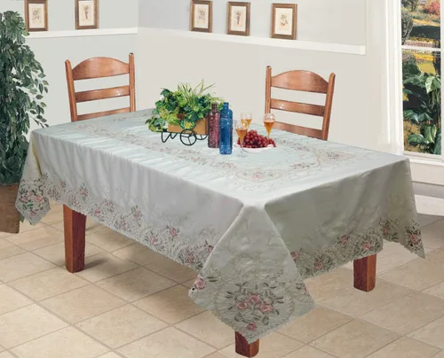 Vista 2 de Creative Linens Mantel bordado floral rosa rosa 70x120 rectangular y 12 servilletas beige primavera pastel mantel