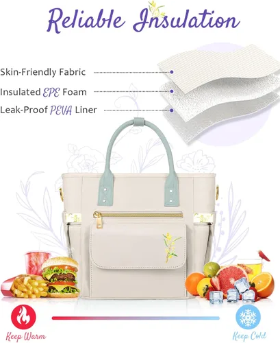 Vista 4 de GLORIEROO Lonchera Deluxe Aislada para Mujeres - Lonchera Térmica a Prueba de Fugas Impermeable con Múltiples Bolsillos y Correa Removible