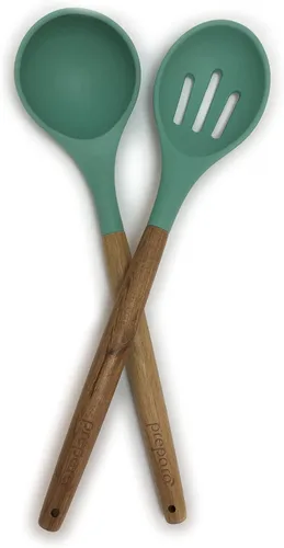 Vista 2 de Prepara Juego de 2 cucharones de sopa y cuchara ranurada de acacia y silicona, color verde espuma de mar