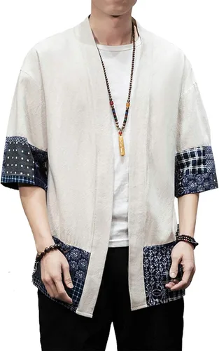 Vista 2 de PRIJOUHE Men's Kimono Jackets Cardigan Lightweight Casual Cotton Blends Linen Seven Sleeves Open Front Coat Outwear
