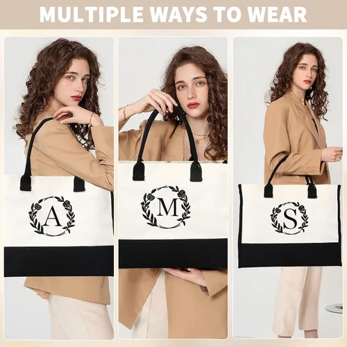 Vista 5 de YOOLIFE Bolsa de lona con inicial, bolsa de playa, bolsa de maquillaje con cremallera, regalos personalizados para madres, amigas, regalos