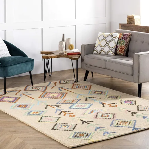 Vista 17 de NuLOOM Belini Alfombra de lana con acento a mano, 2 pies x 3 pies, color marfil Nuloom Belini Trellis - Alfombra de lana para sala de estar