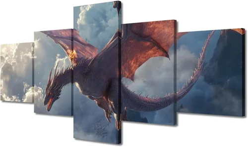 Vista 92 de Lienzo decorativo para pared de sala de estar, lienzo de dragón, 5 paneles, dragón verde, decoración de pared para el hogar, decoración de pared