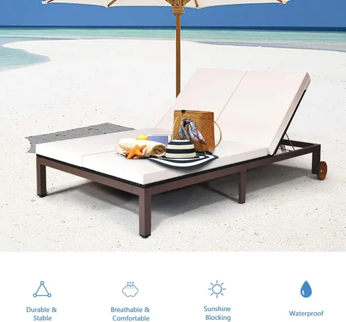 Vista 5 de DORTALA Silla reclinable de ratán para 2 personas con ruedas y cojín, sillón de mimbre doble con respaldo ajustable, juego de conversación de Blanco