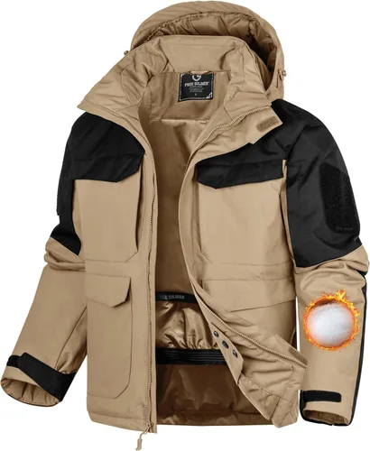 Vista 11 de FREE SOLDIER Chaqueta de esquí impermeable para hombre, abrigo cálido de invierno para nieve, snowboard con múltiples bolsillos, capucha desmontable