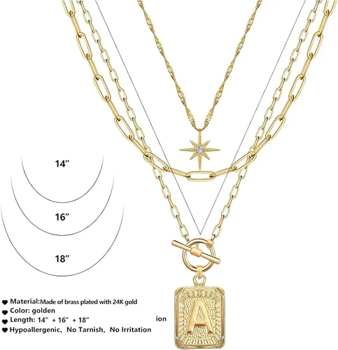 Vista 5 de MJartoria Collares con inicial en capas para mujer, a la moda, chapado en oro de 14 quilates, gargantilla de estrella simple, collar con dije