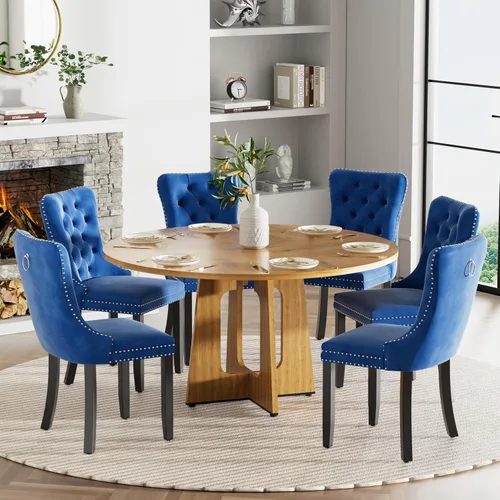 Vista 41 de Mesa de comedor redonda estilo granja para 6, mesa de cocina circular de 47" MDF con acabado de grano de madera, mesa de cocina y comedor de madera