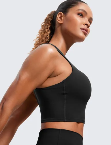 Vista 4 de CRZ YOGA Butterluxe - Brasier deportivo largo con espalda cruzada para mujer, cuello alto, acolchado, camiseta corta sin mangas con almohadillas