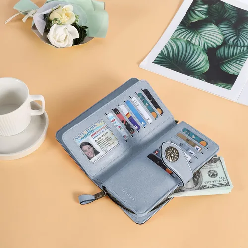 Vista 7 de Travelambo Billetera para mujer de gran capacidad con bloqueo RFID de cuero genuino