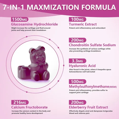 Vista 7 de GGlucosamina Gomitas de condroitina sin azúcar, extra fuerte, 1500 mg de glucosamina con condroitina MSM y cúrcuma, suplemento de apoyo articular