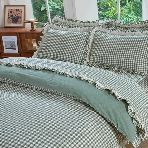 Vista 41 de FADFAY Twin 100% Washed Cotton Black & White Gingham Ruffle Duvet Cover Set Soft, Breathable, Crisp, Hidden Zipper Closure, 8 Corner Ties