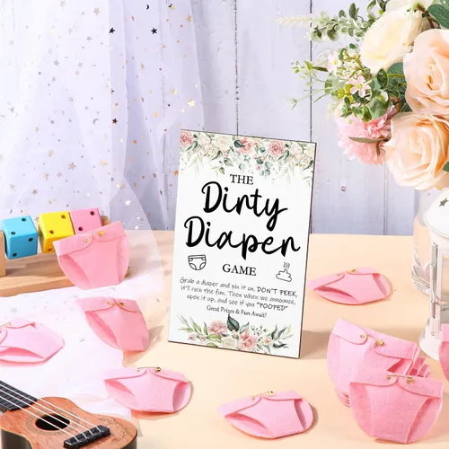 Vista 4 de Roowest 51 Piezas Juegos de Pañales Sucios para Baby Shower Letrero Divertido de Madera con 50 Piezas Mini Pañales de Fieltro Lindo para Fiesta
