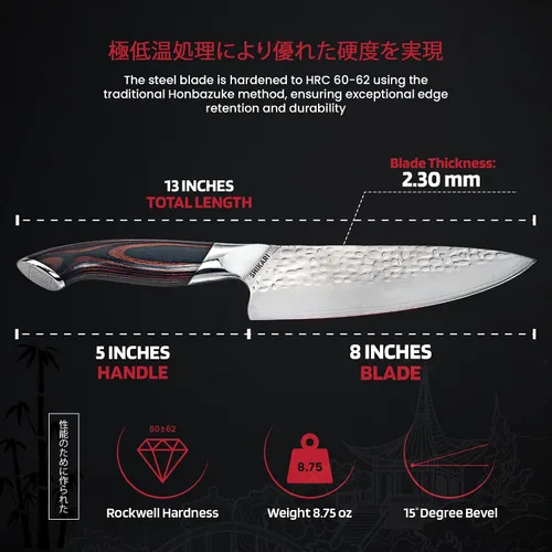 Vista 2 de SHIKARI Cuchillo de chef – Cuchillo japonés de 8 pulgadas con espiga completa VG-10 de acero de Damasco – Cuchillo de chef profesional con mango