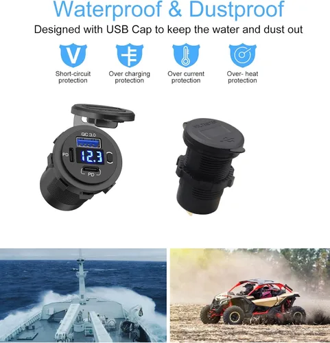 Vista 6 de Toma de corriente USB de 12 V, enchufe de cargador de coche USB C dual y puerto de carga rápida 3.0 con voltímetro e interruptor de alimentación