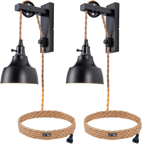 Vista 10 de Apliques de pared regulables enchufables de 8 pies, lámparas de pared con polea, lámpara colgante vintage, apliques de pared con enchufe e