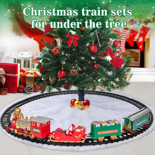 Vista 6 de OleFun Juego de tren de Navidad, juguetes de tren eléctrico con vapor de agua, sonidos y luces, juego de tren modelo para debajo del árbol