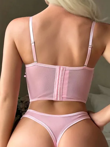 Vista 2 de SHENHE Conjunto de lencería de 2 piezas con brasier y calzón con aros y apliques florales para mujer