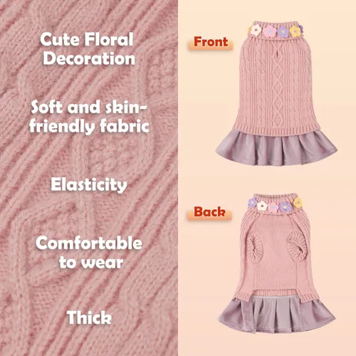 Vista 2 de YUDODO Small Dog Sweater Dress with Bowtie Turtleneck - Knitted Pet Clothes Dusty Pink