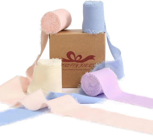 Vista 26 de Pretty Jolly Cinta de gasa beige para envolver regalos, 3 rollos de 2 pulgadas x 7 yardas, cinta de tela de seda hecha a mano con flecos para ramo