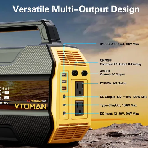 Vista 5 de VTOMAN FlashSpeed 300 Estación de energía portátil, batería LiFePO4 de 300 W 230 Wh con 3000 ciclos de vida, carga rápida PD USB-C de 100 W, 6