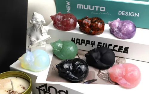 Vista 6 de QINJIEJIE Estatua de Gato de Obsidiana Negra Decoración de Cristales y Piedras Curativas Figura de Gatos Durmiendo Piedra Estatua Regalo Gemas